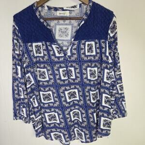 Anthropologie Porridge Patchwork Blouse Blue Floral Top 3/4 Sleeve Size Large